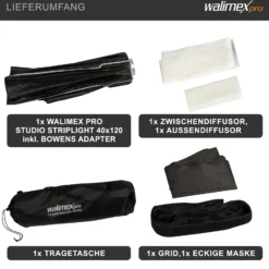 Walimex pro Studio Striplight Softbox 40 x 120 cm, Soft Box inkl. Diffusor, Lichtformer 360° drehbar, faltbar, schneller Aufbau, Bowens-Adapter für Studioblitz oder Studioleuchte