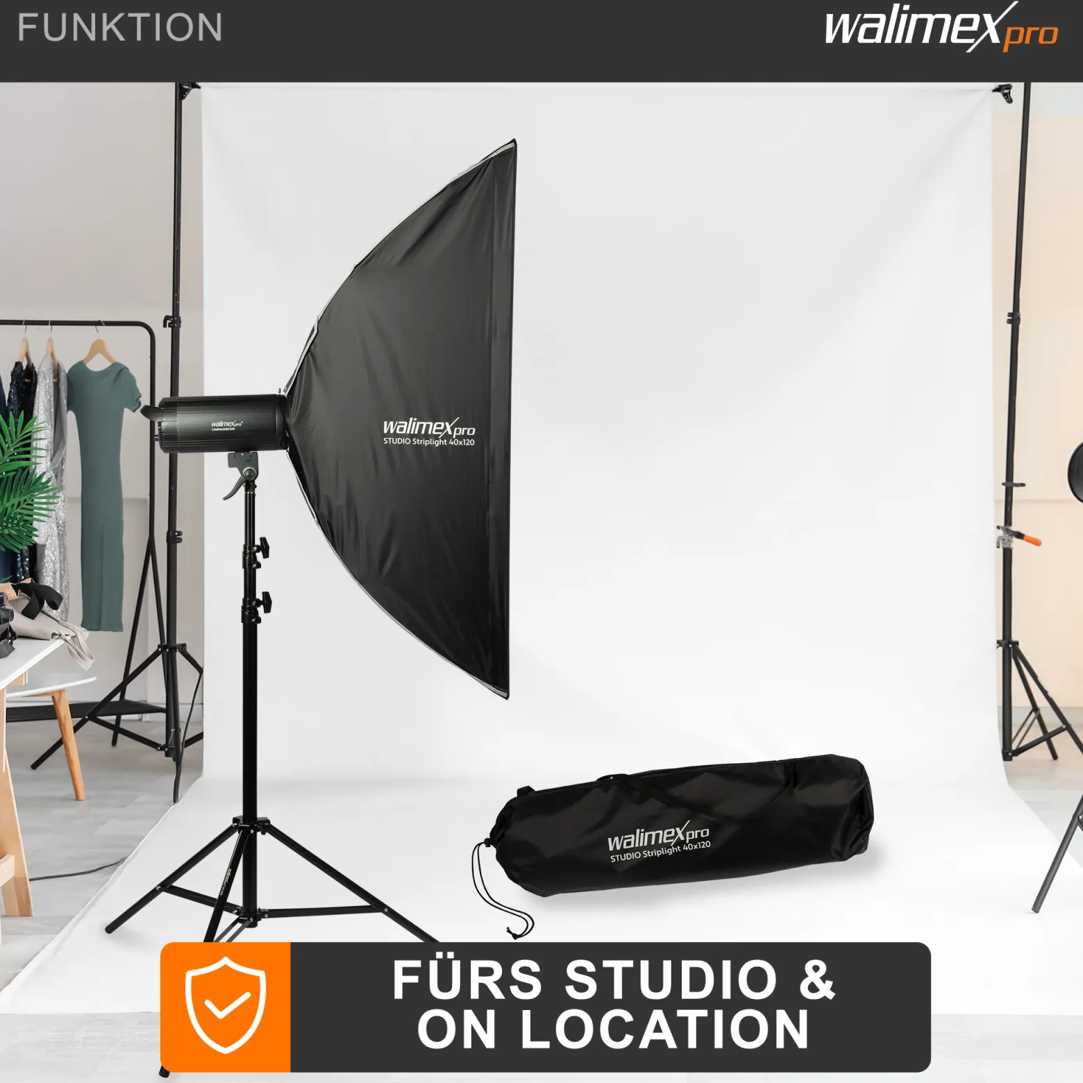 Walimex pro Studio Striplight Softbox 40 x 120 cm, Soft Box inkl. Diffusor, Lichtformer 360° drehbar, faltbar, schneller Aufbau, Bowens-Adapter für Studioblitz oder Studioleuchte