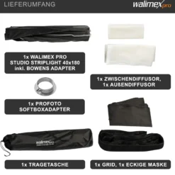 Walimex pro Studio Striplight Softbox 40x180cm + Softboxadapter für Profoto (Außendurchmesser: 15,2 cm), um 360° drehbar, inkl. Grid, Maske, Bowens Adapter und Transporttasche