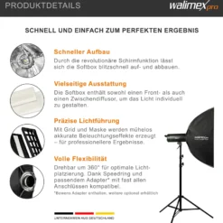 Walimex pro Studio Striplight Softbox 22 x 90 cm + Hensel EH Softboxadapter, Lichtformer 360°, Schirmfunktion, inkl. Grid, Maske, Bowens Adapter, Tasche, ideal für Produkt- u. Peoplefotografie