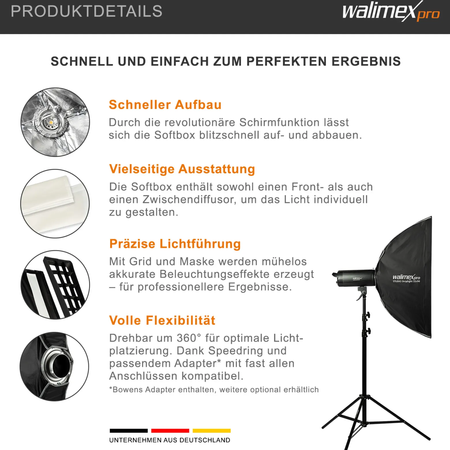 Walimex pro Studio Striplight Softbox 22 x 90 cm + Hensel EH Softboxadapter, Lichtformer 360°, Schirmfunktion, inkl. Grid, Maske, Bowens Adapter, Tasche, ideal für Produkt- u. Peoplefotografie