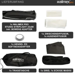 Walimex pro Studio Striplight Softbox 22 x 90 cm + Hensel EH Softboxadapter, Lichtformer 360°, Schirmfunktion, inkl. Grid, Maske, Bowens Adapter, Tasche, ideal für Produkt- u. Peoplefotografie