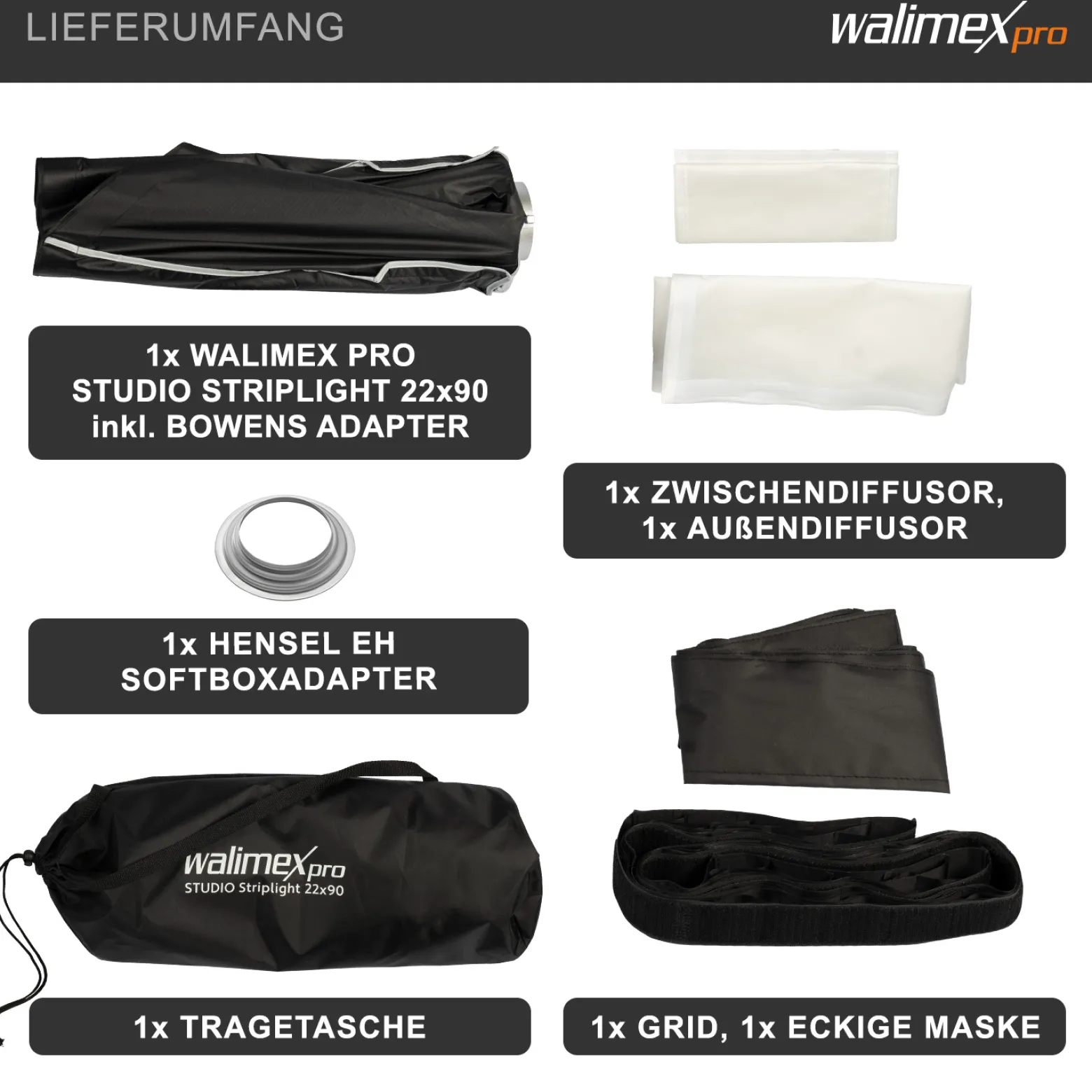 Walimex pro Studio Striplight Softbox 22 x 90 cm + Hensel EH Softboxadapter, Lichtformer 360°, Schirmfunktion, inkl. Grid, Maske, Bowens Adapter, Tasche, ideal für Produkt- u. Peoplefotografie