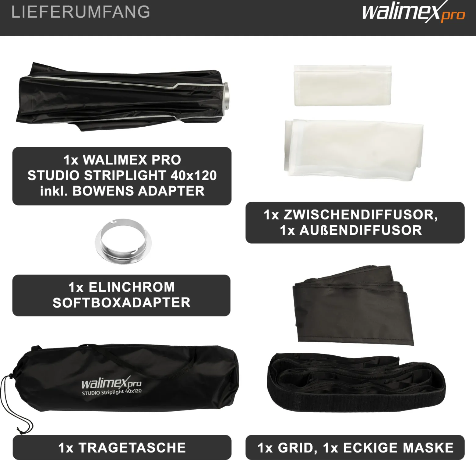 Walimex pro Studio Striplight Softbox 40 x 120 cm + Elinchrom Adapter 15,2 cm, Soft Box inkl. Diffusor, Lichtformer 360°, faltbar, schneller Aufbau, Bowens-Adapter für Studioblitz oder Studioleuchte
