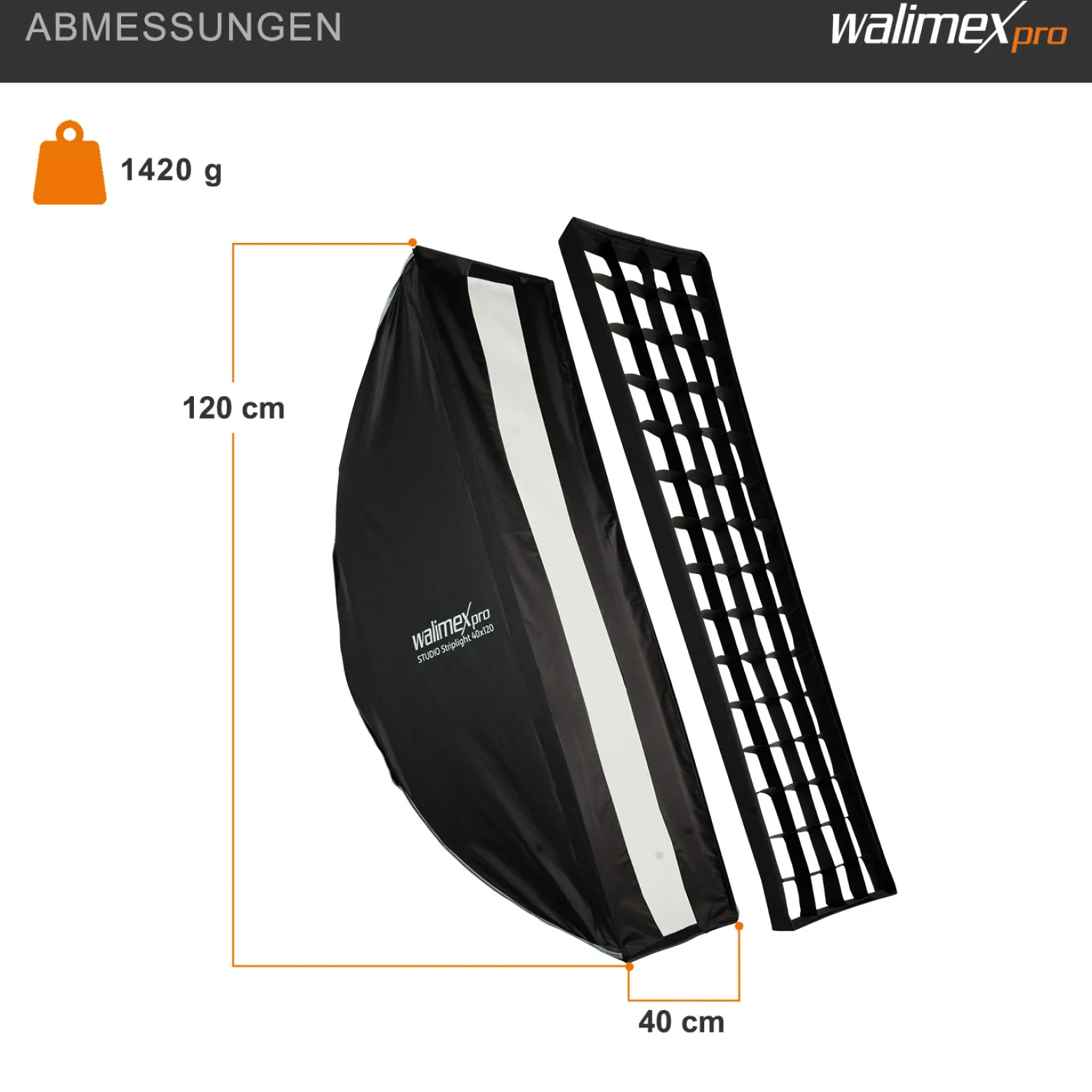 Walimex pro Studio Striplight Softbox 40 x 120 cm + Elinchrom Adapter 15,2 cm, Soft Box inkl. Diffusor, Lichtformer 360°, faltbar, schneller Aufbau, Bowens-Adapter für Studioblitz oder Studioleuchte