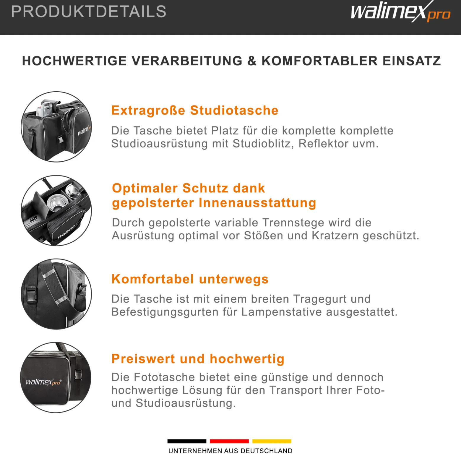Walimex pro Studiotasche XL – Schwarz – 750 x 300 x 330 mm – Fototasche für Studioblitz, Reflektoren, Stative und anderes Studiozubehör – Foto Equipment Kamerazubehör