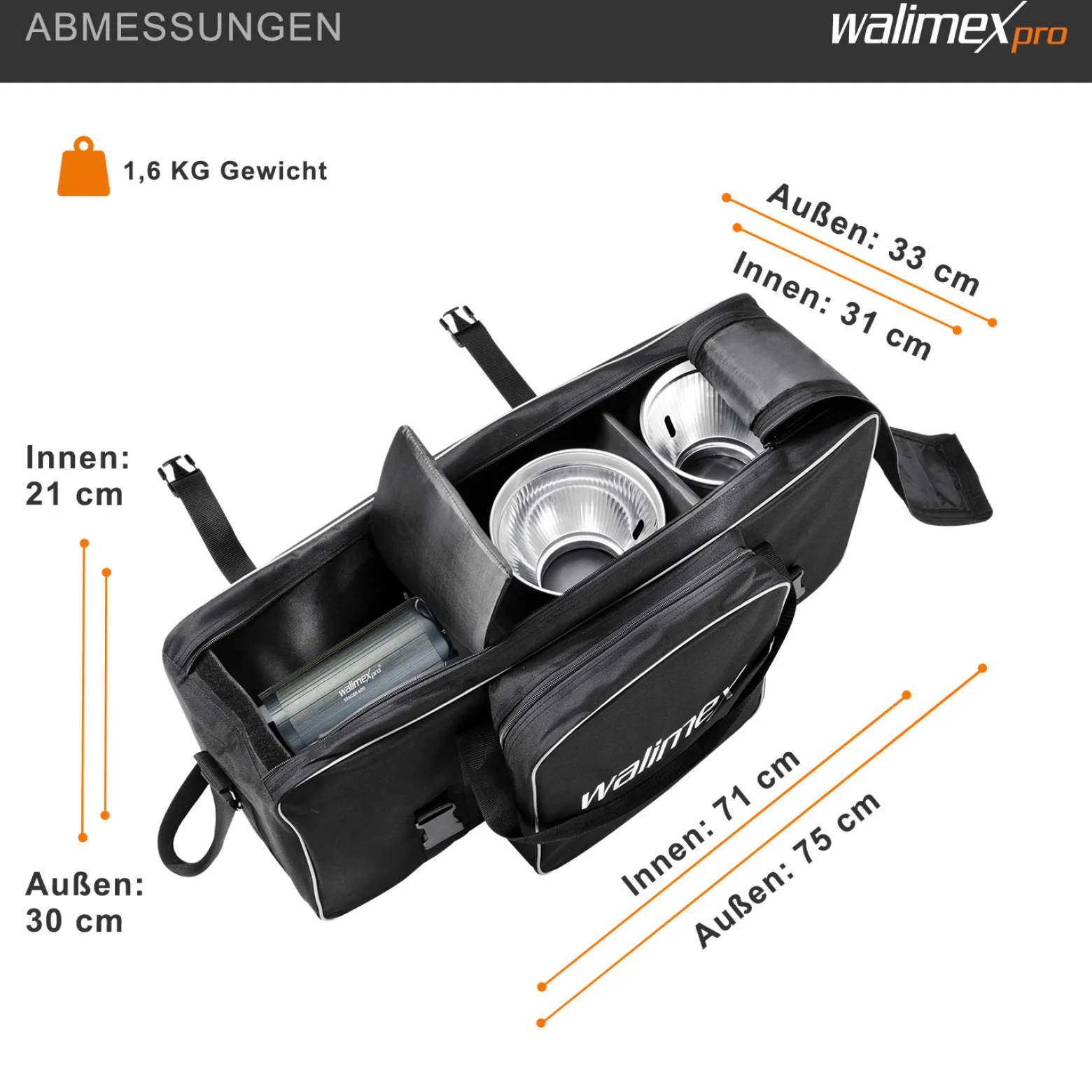 Walimex pro Studiotasche XL – Schwarz – 750 x 300 x 330 mm – Fototasche für Studioblitz, Reflektoren, Stative und anderes Studiozubehör – Foto Equipment Kamerazubehör