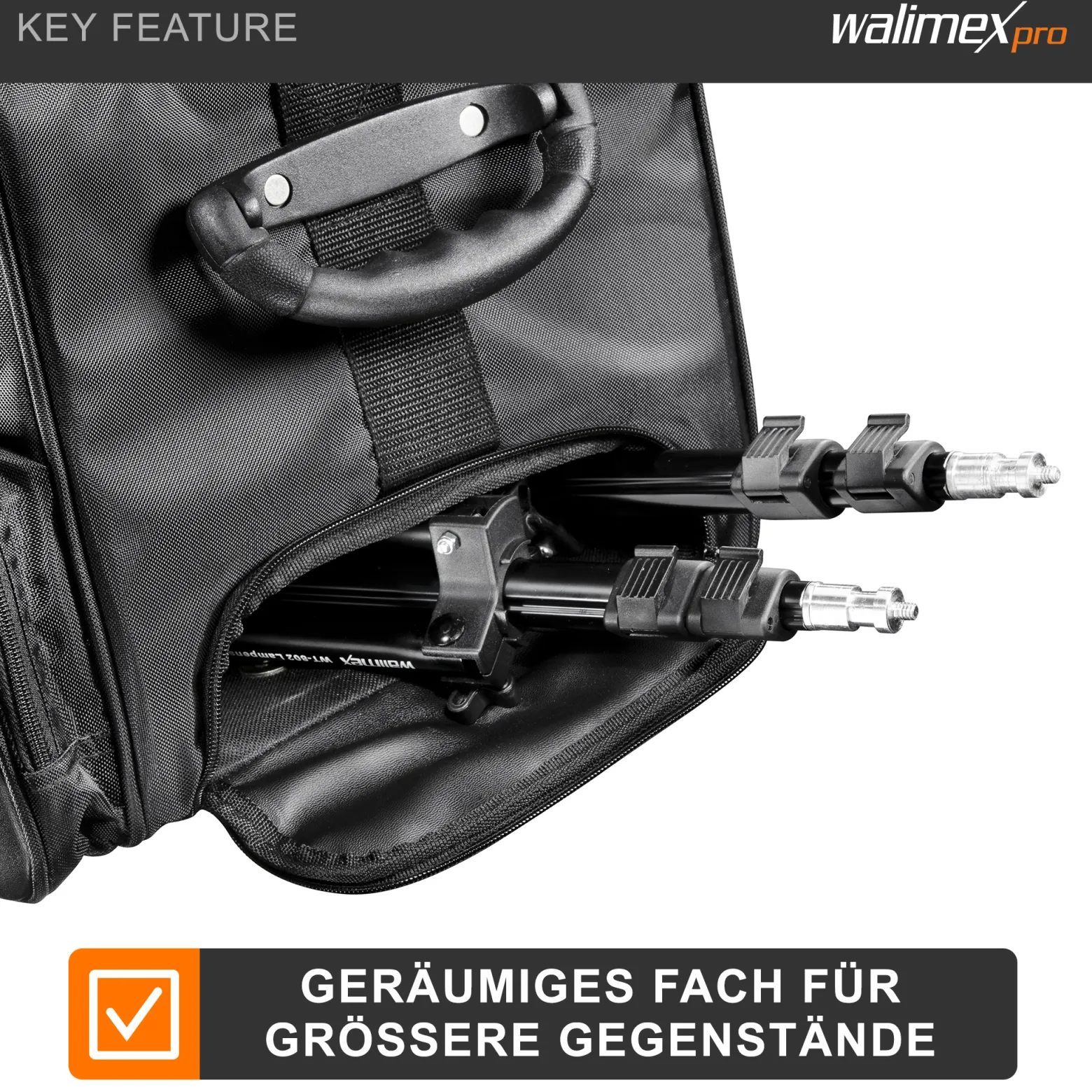 Walimex pro Studio-Trolley XL - schwarz - 1027 x 379 x 324 mm - inkl. ausziehbaren Trolleygriffs, gepolsterten Schultergurts, variabler Inneneinteilung, Hartgummiräder - Stativtasche, Kameratasche