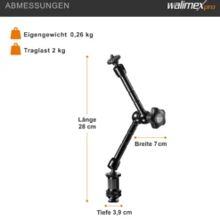 Walimex pro Swivel Arm Magic 28 - 280 x 70 x 39 mm - Tragfähigkeit 2 kg max - 2x 1/4 Zoll Schraube - DSLR-Gelenkarm, Auslegearm für Videostative, DSLR Rigs, Dollys und Aufnahmetische, Schwarz