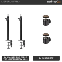 Walimex pro Table Top Lampenstativ 2er-Set höhenverstellbar 35-65 cm, Tischstativ mit Kugelkopf für 360° Drehung und 90° Neigung, Stativ mit Klemmhalterung für Studiobeleuchtung und Kamera