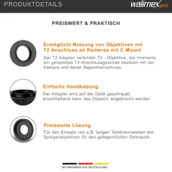 Walimex pro T2 Adapter auf C-Mount - 48 x 48 x 7 mm - Adapterring mit manuellem Fokus, einfache Handhabung, Objektiv-Anschlussring kompatibel mit C-Mount Kameras