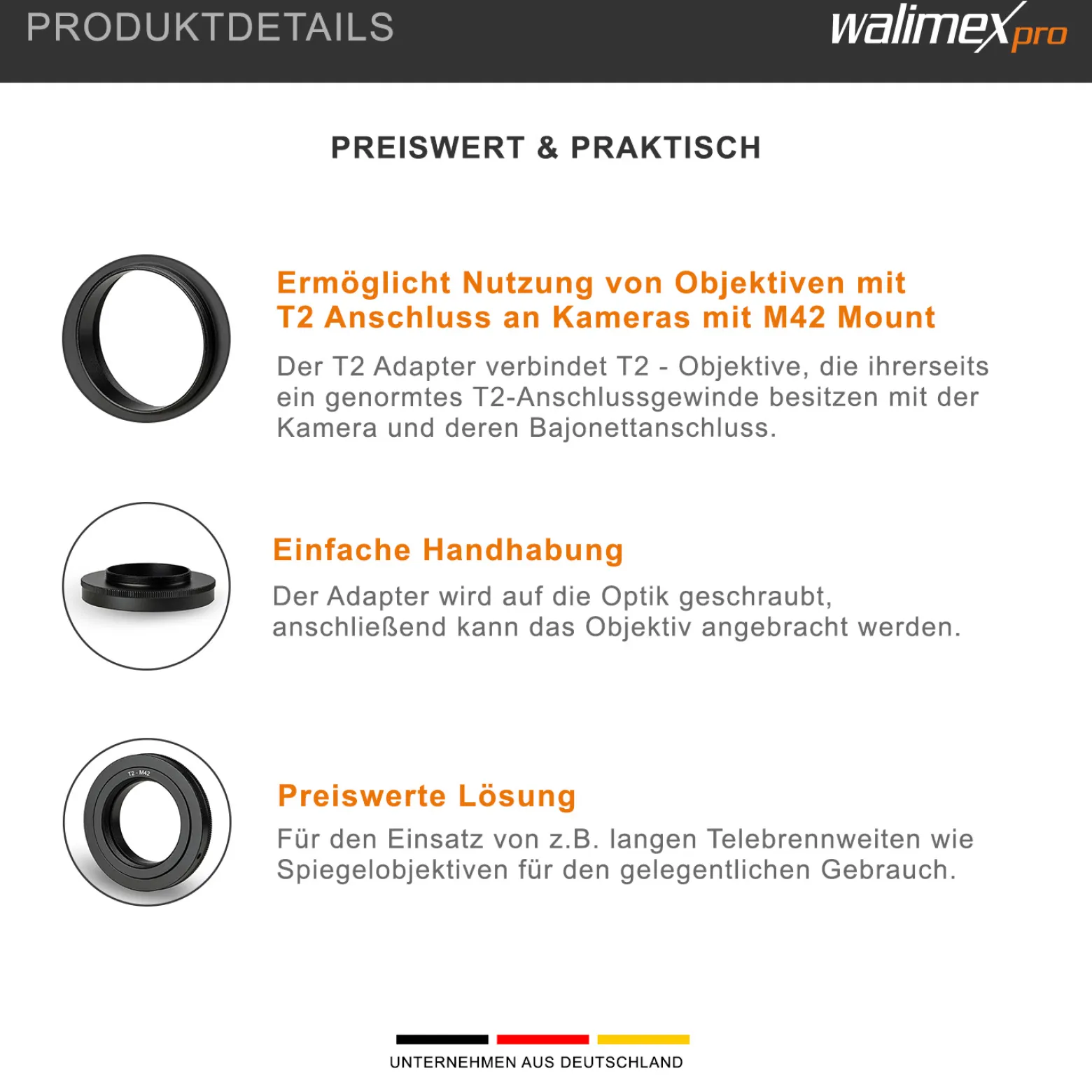 Walimex pro T2 Adapter für M42 Mount - 65 x 65 x 13 mm - Adapterring mit manuellem Fokus, einfache Handhabung, Objektiv-Anschlussring