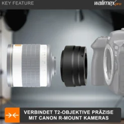 Walimex pro T2 Adapter kompatibel mit Canon R - 60 x 40 x 40 mm - Adapterring mit manuellem Fokus, einfache Handhabung, Objektiv-Anschlussring für EOS R1, R5 Mark II, R100, R8, R50, R10