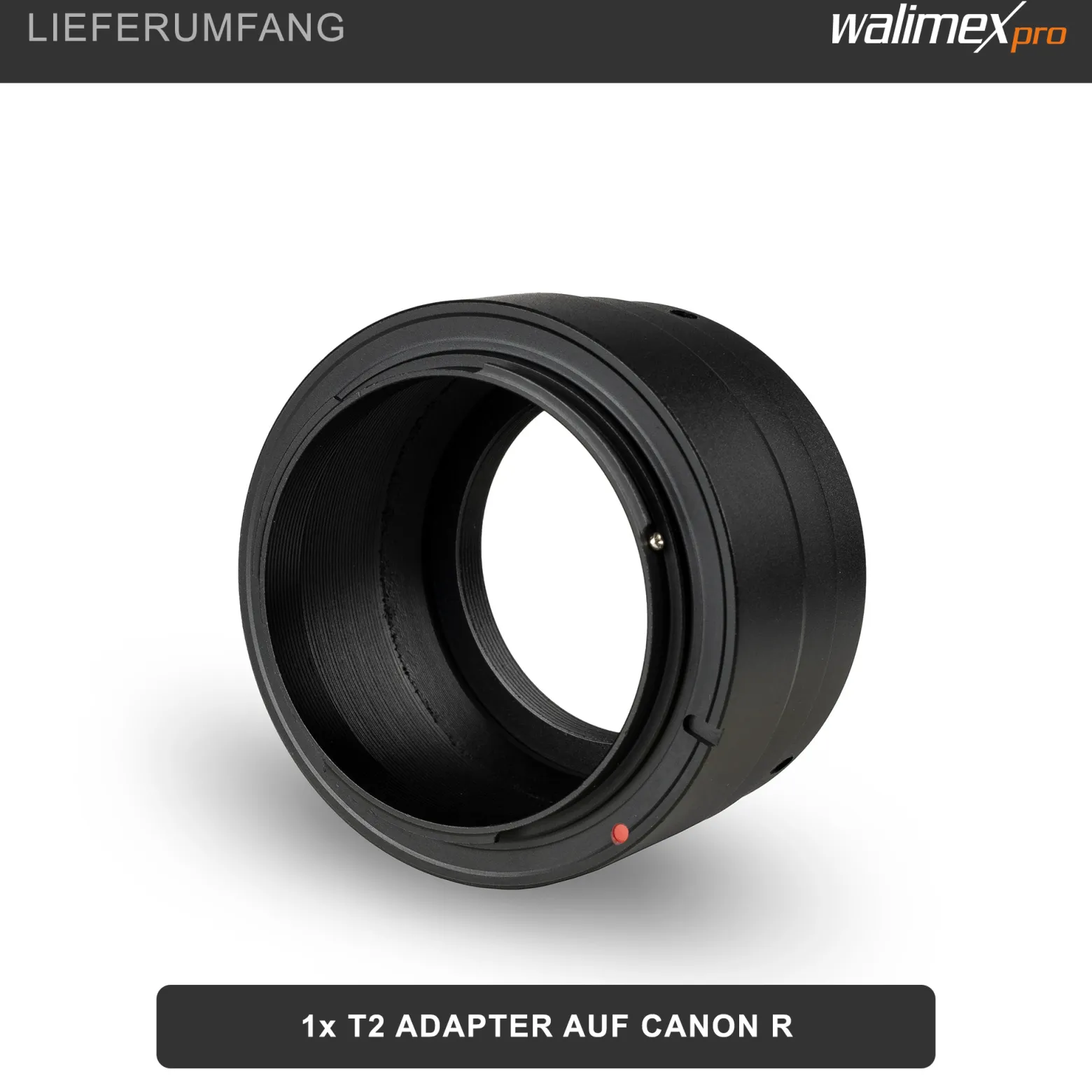 Walimex pro T2 Adapter kompatibel mit Canon R - 60 x 40 x 40 mm - Adapterring mit manuellem Fokus, einfache Handhabung, Objektiv-Anschlussring für EOS R1, R5 Mark II, R100, R8, R50, R10