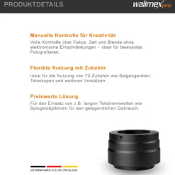 Walimex pro T2 Adapter kompatibel mit Canon R - 60 x 40 x 40 mm - Adapterring mit manuellem Fokus, einfache Handhabung, Objektiv-Anschlussring für EOS R1, R5 Mark II, R100, R8, R50, R10