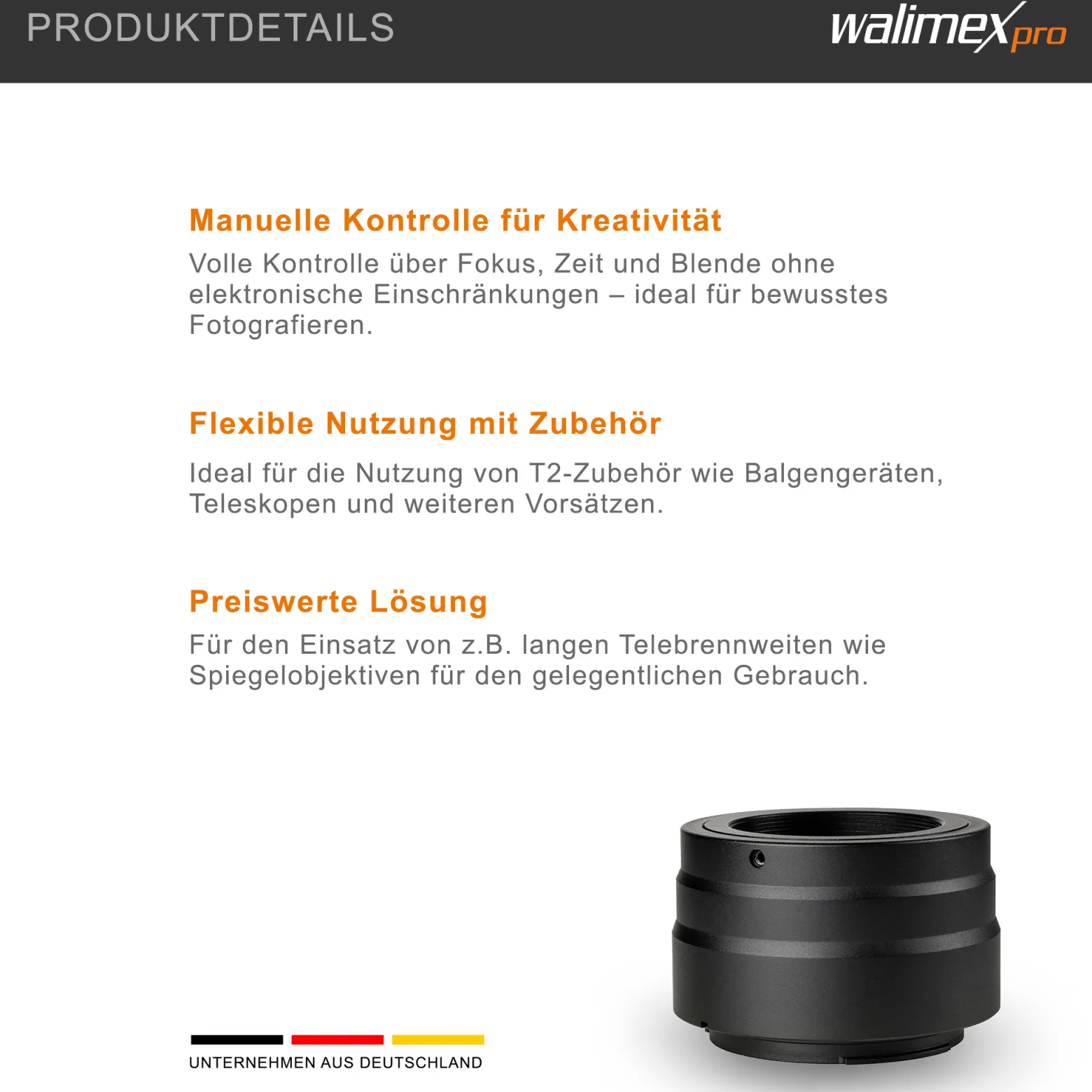 Walimex pro T2 Adapter kompatibel mit Canon R - 60 x 40 x 40 mm - Adapterring mit manuellem Fokus, einfache Handhabung, Objektiv-Anschlussring für EOS R1, R5 Mark II, R100, R8, R50, R10