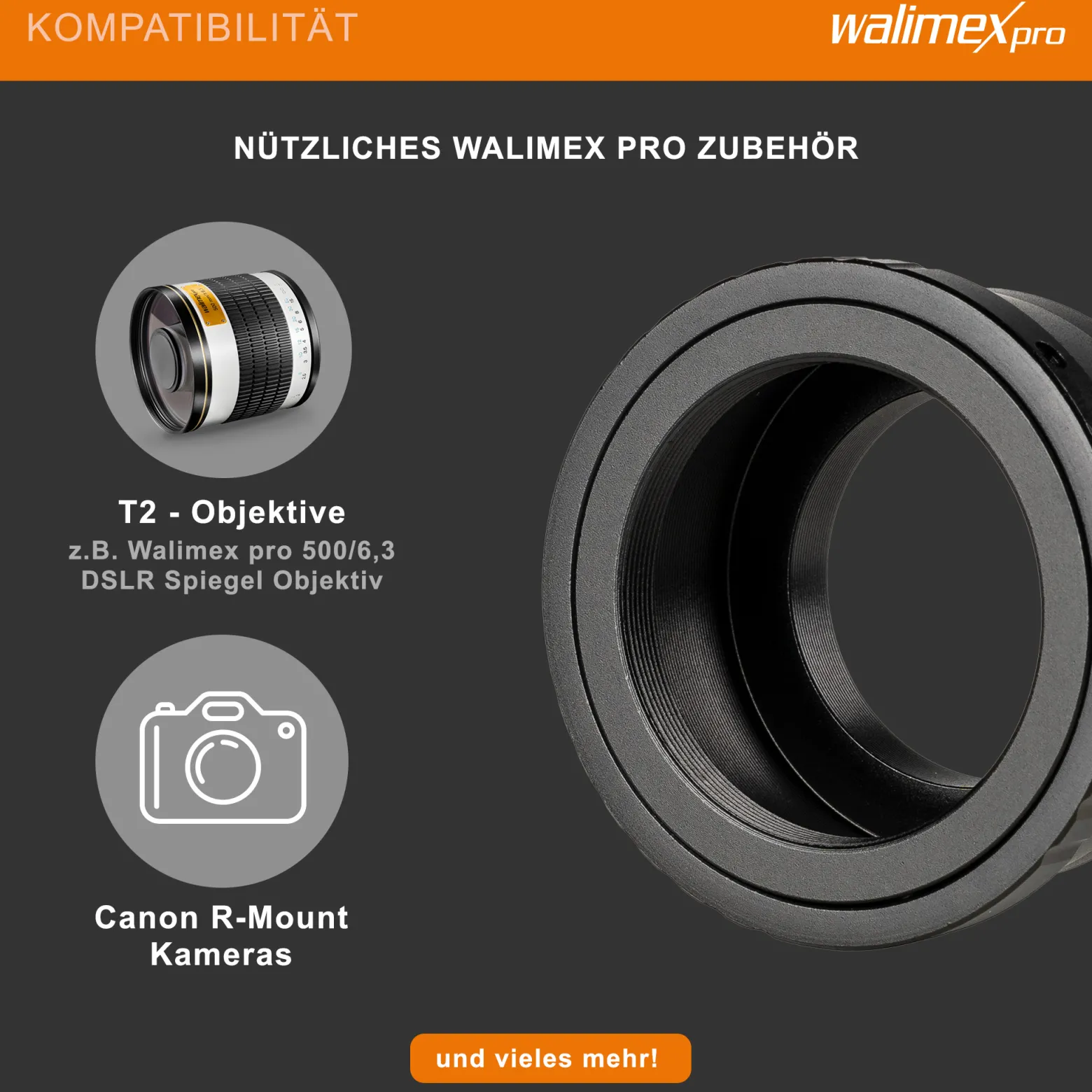 Walimex pro T2 Adapter kompatibel mit Canon R - 60 x 40 x 40 mm - Adapterring mit manuellem Fokus, einfache Handhabung, Objektiv-Anschlussring für EOS R1, R5 Mark II, R100, R8, R50, R10