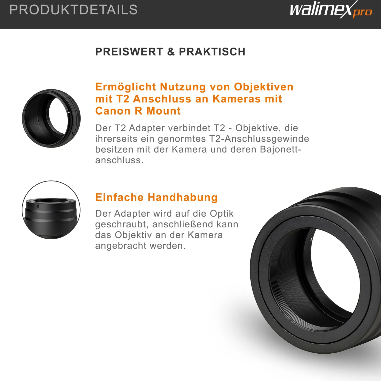 Walimex pro T2 Adapter kompatibel mit Canon R - 60 x 40 x 40 mm - Adapterring mit manuellem Fokus, einfache Handhabung, Objektiv-Anschlussring für EOS R1, R5 Mark II, R100, R8, R50, R10