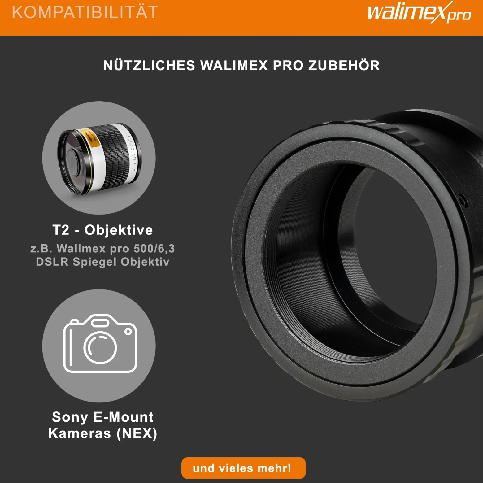 Walimex pro T2 Adapter kompatibel mit Sony E-Mount - 58 x 58 x 40 mm - Adapterring manueller Fokus, einfache Handhabung, Objektiv-Anschlussring für NEX-3 NEX-3C NEX-3N NEX-5 etc.