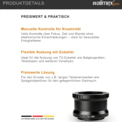 Walimex pro T2 Adapter kompatibel mit Sony E-Mount - 58 x 58 x 40 mm - Adapterring manueller Fokus, einfache Handhabung, Objektiv-Anschlussring für NEX-3 NEX-3C NEX-3N NEX-5 etc.