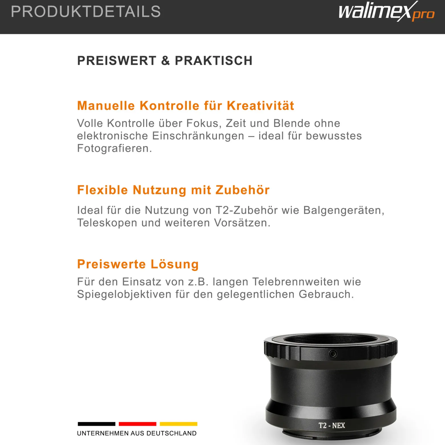 Walimex pro T2 Adapter kompatibel mit Sony E-Mount - 58 x 58 x 40 mm - Adapterring manueller Fokus, einfache Handhabung, Objektiv-Anschlussring für NEX-3 NEX-3C NEX-3N NEX-5 etc.