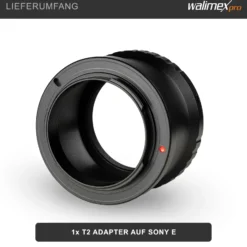 Walimex pro T2 Adapter kompatibel mit Sony E-Mount - 58 x 58 x 40 mm - Adapterring manueller Fokus, einfache Handhabung, Objektiv-Anschlussring für NEX-3 NEX-3C NEX-3N NEX-5 etc.