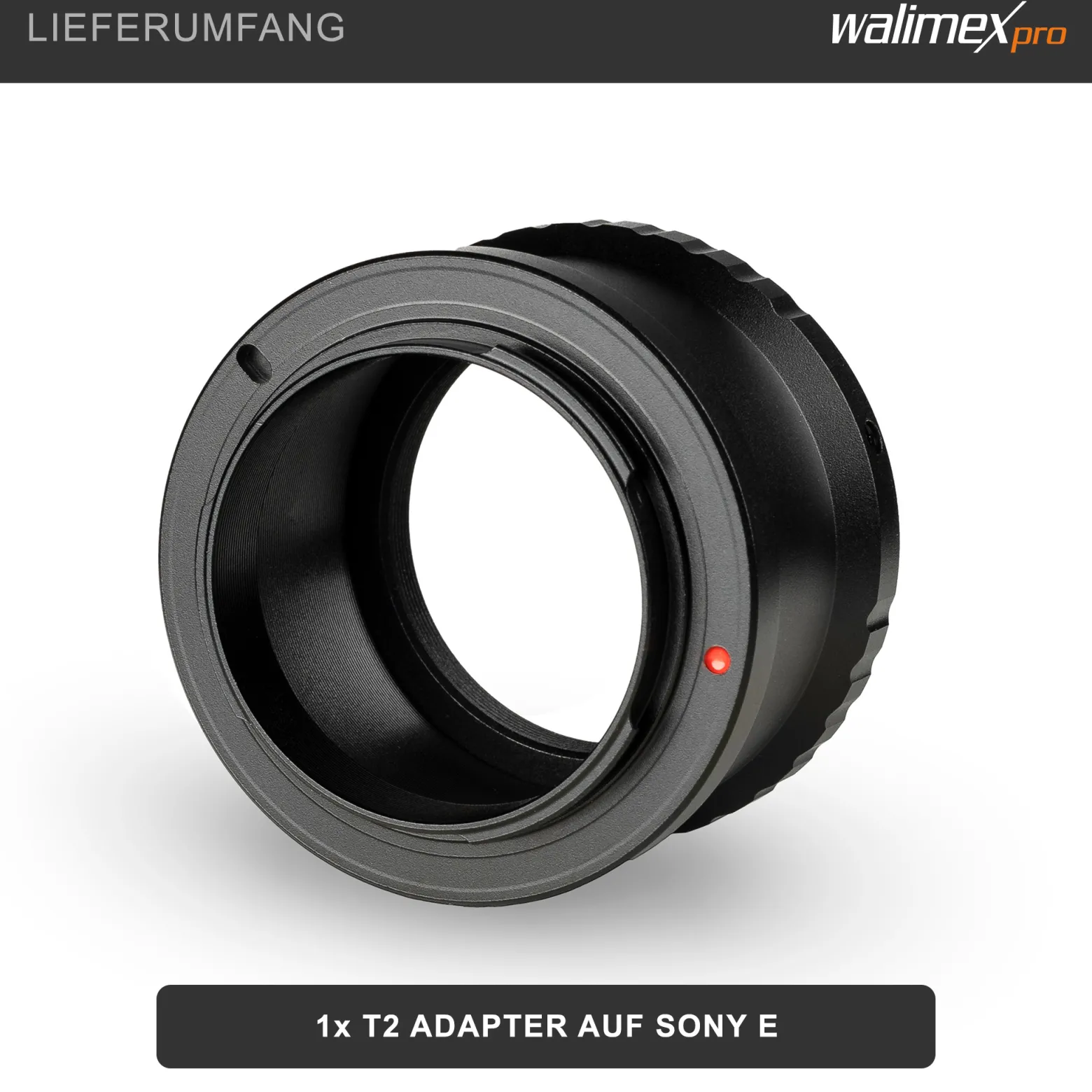 Walimex pro T2 Adapter kompatibel mit Sony E-Mount - 58 x 58 x 40 mm - Adapterring manueller Fokus, einfache Handhabung, Objektiv-Anschlussring für NEX-3 NEX-3C NEX-3N NEX-5 etc.