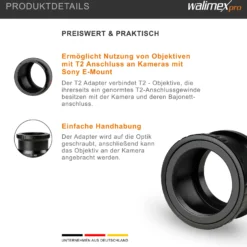 Walimex pro T2 Adapter kompatibel mit Sony E-Mount - 58 x 58 x 40 mm - Adapterring manueller Fokus, einfache Handhabung, Objektiv-Anschlussring für NEX-3 NEX-3C NEX-3N NEX-5 etc.