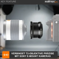 Walimex pro T2 Adapter kompatibel mit Sony E-Mount - 58 x 58 x 40 mm - Adapterring manueller Fokus, einfache Handhabung, Objektiv-Anschlussring für NEX-3 NEX-3C NEX-3N NEX-5 etc.