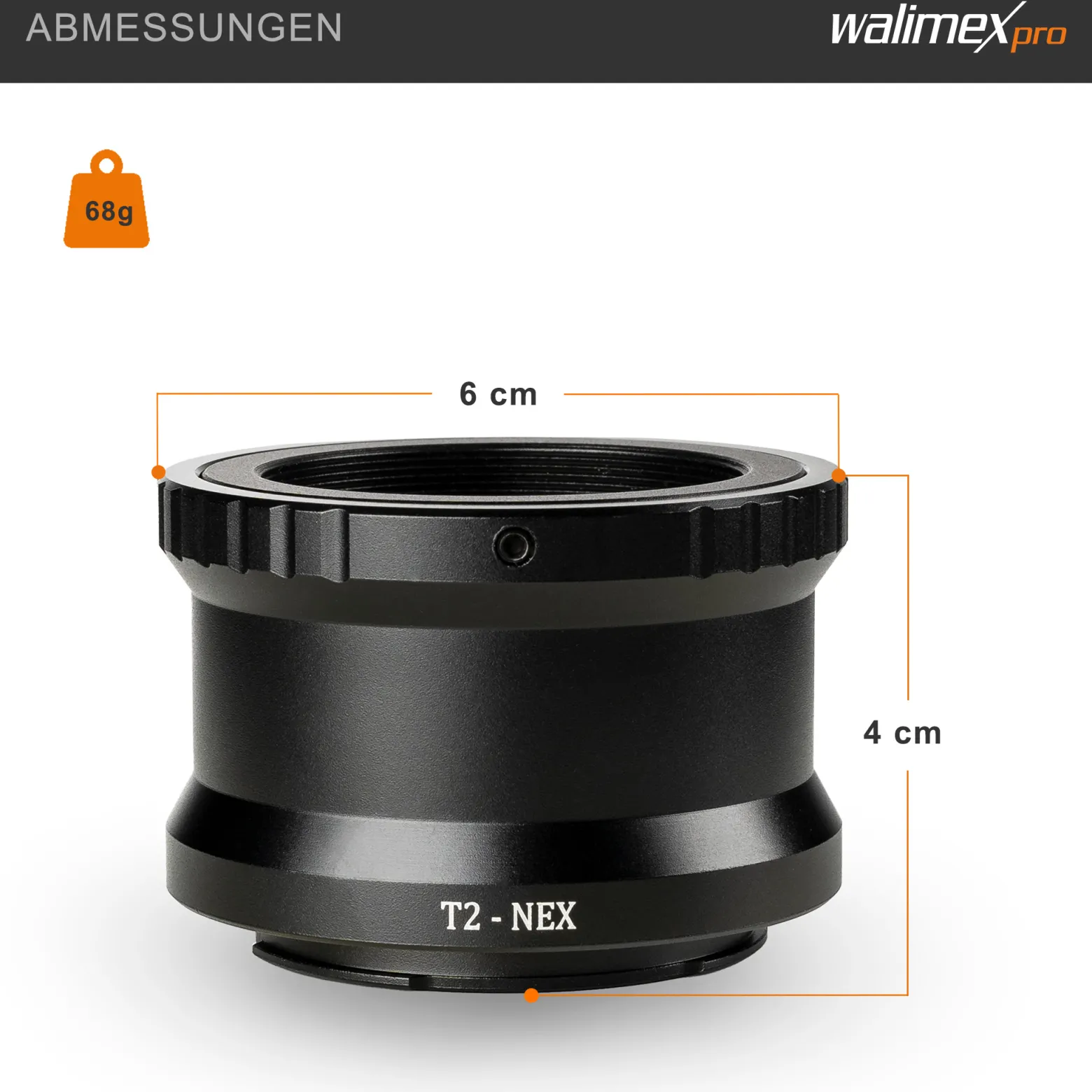 Walimex pro T2 Adapter kompatibel mit Sony E-Mount - 58 x 58 x 40 mm - Adapterring manueller Fokus, einfache Handhabung, Objektiv-Anschlussring für NEX-3 NEX-3C NEX-3N NEX-5 etc.