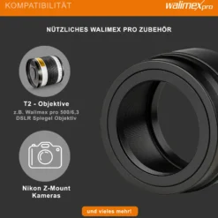 Walimex pro T2 Adapter kompatibel mit Nikon Z - 60 x 60 x 40 mm - Adapterring mit manuellem Fokus, einfache Handhabung, Objektiv-Anschlussring kompatibel mit Nikon Z6, Z7, Z50 etc.