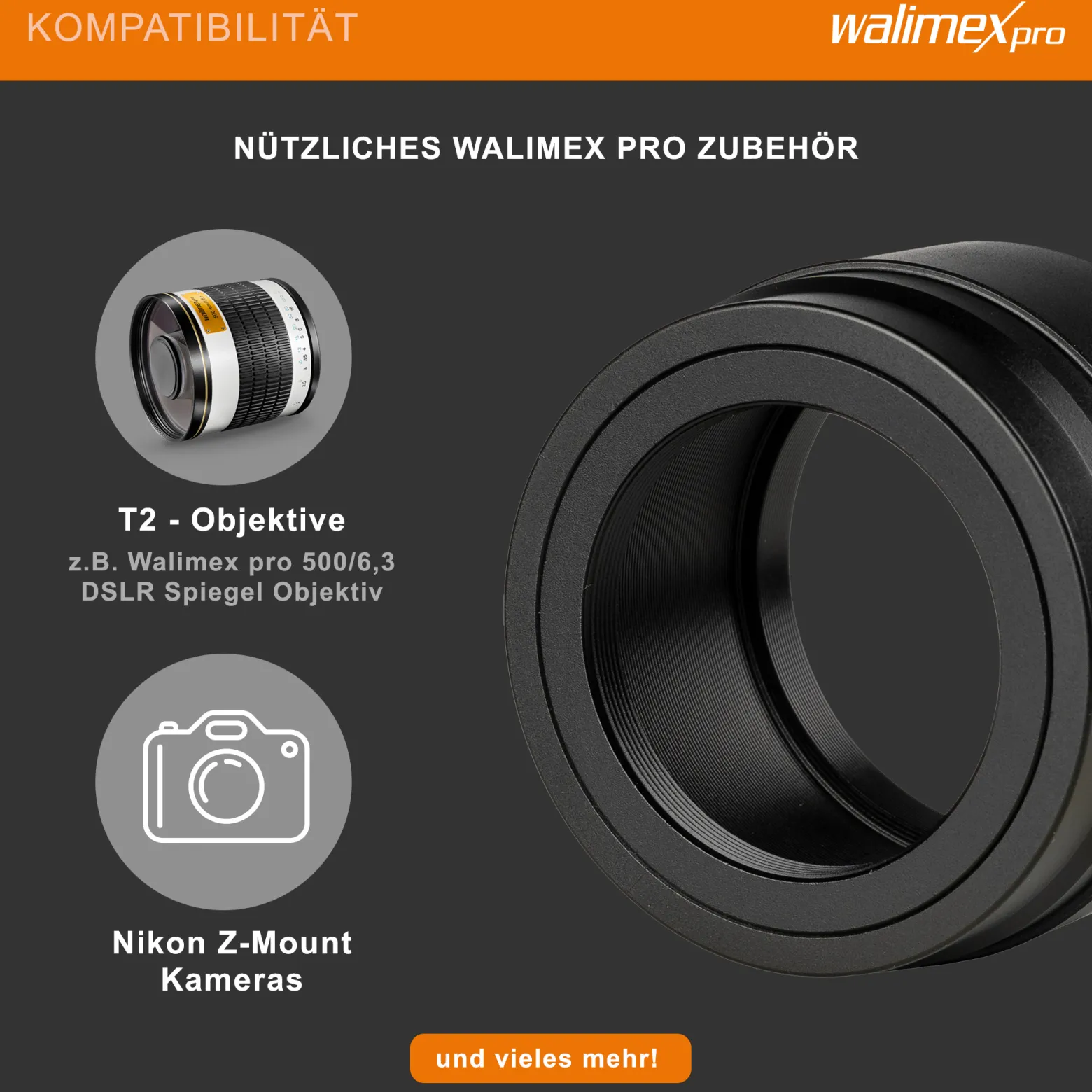 Walimex pro T2 Adapter kompatibel mit Nikon Z - 60 x 60 x 40 mm - Adapterring mit manuellem Fokus, einfache Handhabung, Objektiv-Anschlussring kompatibel mit Nikon Z6, Z7, Z50 etc.