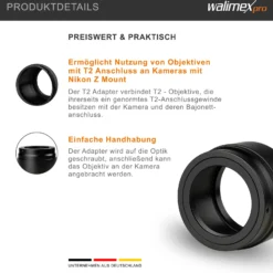 Walimex pro T2 Adapter kompatibel mit Nikon Z - 60 x 60 x 40 mm - Adapterring mit manuellem Fokus, einfache Handhabung, Objektiv-Anschlussring kompatibel mit Nikon Z6, Z7, Z50 etc.
