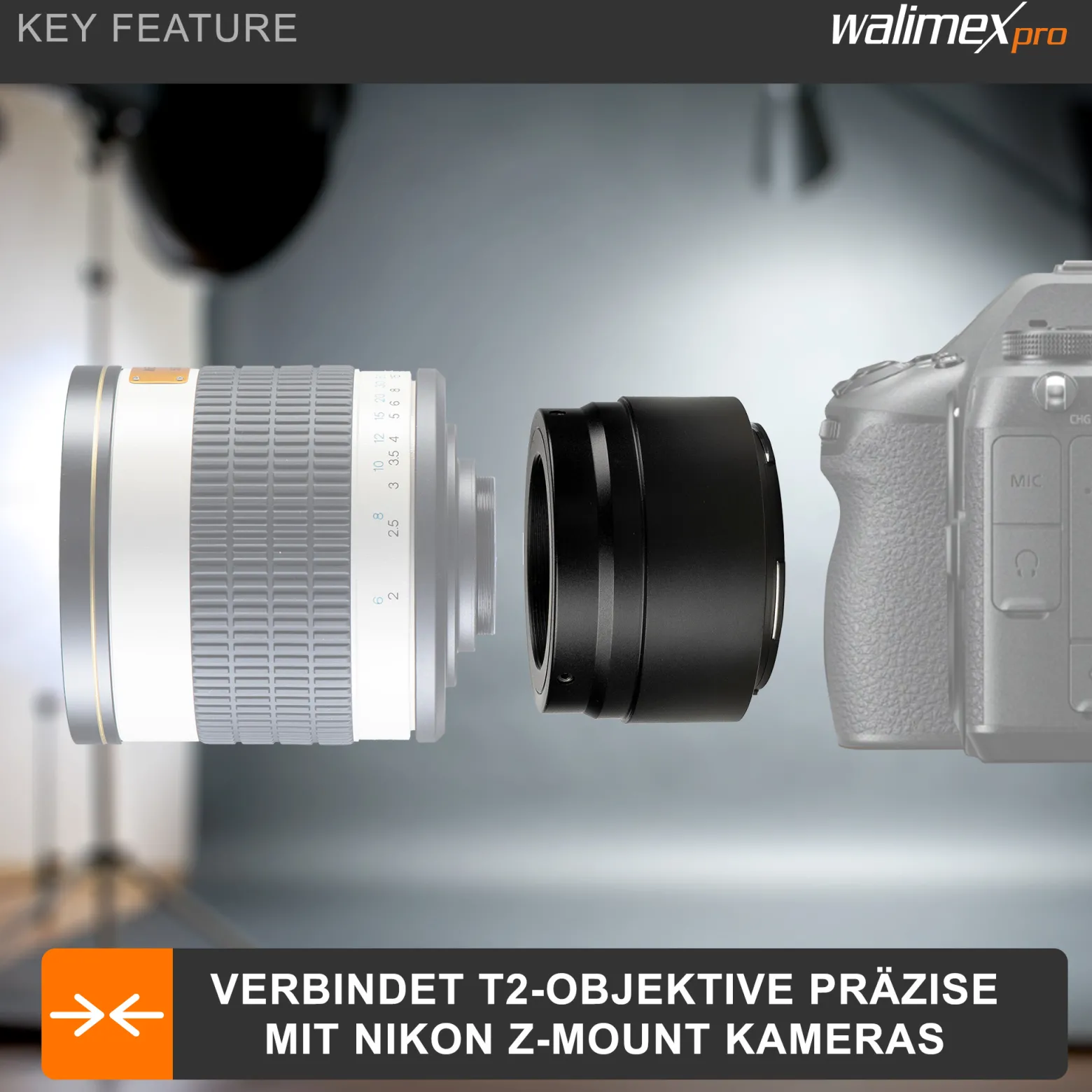 Walimex pro T2 Adapter kompatibel mit Nikon Z - 60 x 60 x 40 mm - Adapterring mit manuellem Fokus, einfache Handhabung, Objektiv-Anschlussring kompatibel mit Nikon Z6, Z7, Z50 etc.
