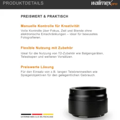 Walimex pro T2 Adapter kompatibel mit Nikon Z - 60 x 60 x 40 mm - Adapterring mit manuellem Fokus, einfache Handhabung, Objektiv-Anschlussring kompatibel mit Nikon Z6, Z7, Z50 etc.