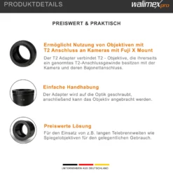 Walimex pro T2 Adapter kompatibel mit Fuji X - 60 x 60 x 40 mm - Adapterring mit manuellem Fokus, einfache Handhabung, Objektiv-Anschlussring für X-T10, X-T20, X-T1, X-T2, X-E2, X-E3
