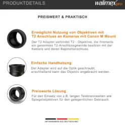 Walimex pro T2 Adapter kompatibel mit Canon M - 60 x 40 x 40 mm - Adapterring mit manuellem Fokus, einfache Handhabung, Objektiv-Anschlussring für EOS M, M2, M3, M5, M100, M200, M50 Mark II