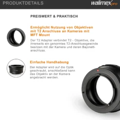 Walimex pro T2 Adapter MFT-Mount - 58 x 58 x 30 mm - Adapterring manueller Fokus, einfache Handhabung, Objektiv-Anschlussring kompatibel mit Olympus Pen E-PL1, kompatibel mit Panasonic Lumix DMC-G70