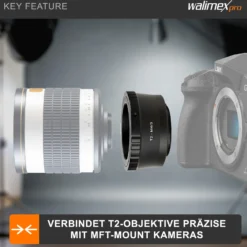 Walimex pro T2 Adapter MFT-Mount - 58 x 58 x 30 mm - Adapterring manueller Fokus, einfache Handhabung, Objektiv-Anschlussring kompatibel mit Olympus Pen E-PL1, kompatibel mit Panasonic Lumix DMC-G70