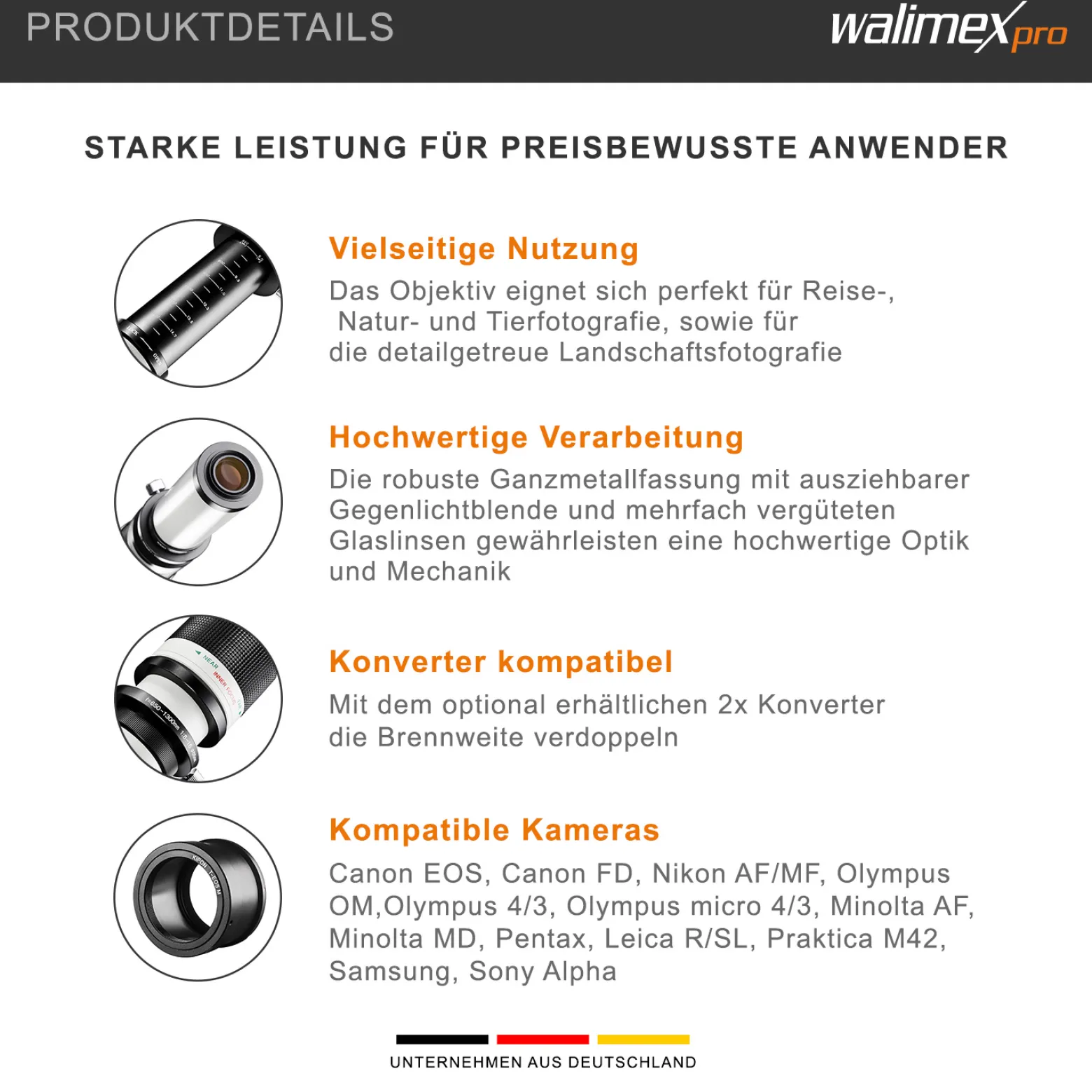 Walimex pro Teleobjektiv 650-1300mm 1:8-16 CSC kompatibel mit Pentax K – Manueller Fokus, Zoom-Teleobjektiv für Vollformat & APS-C Sensor – Ganzmetallfassung, inkl. Aufbewahrungstasche & Deckeln