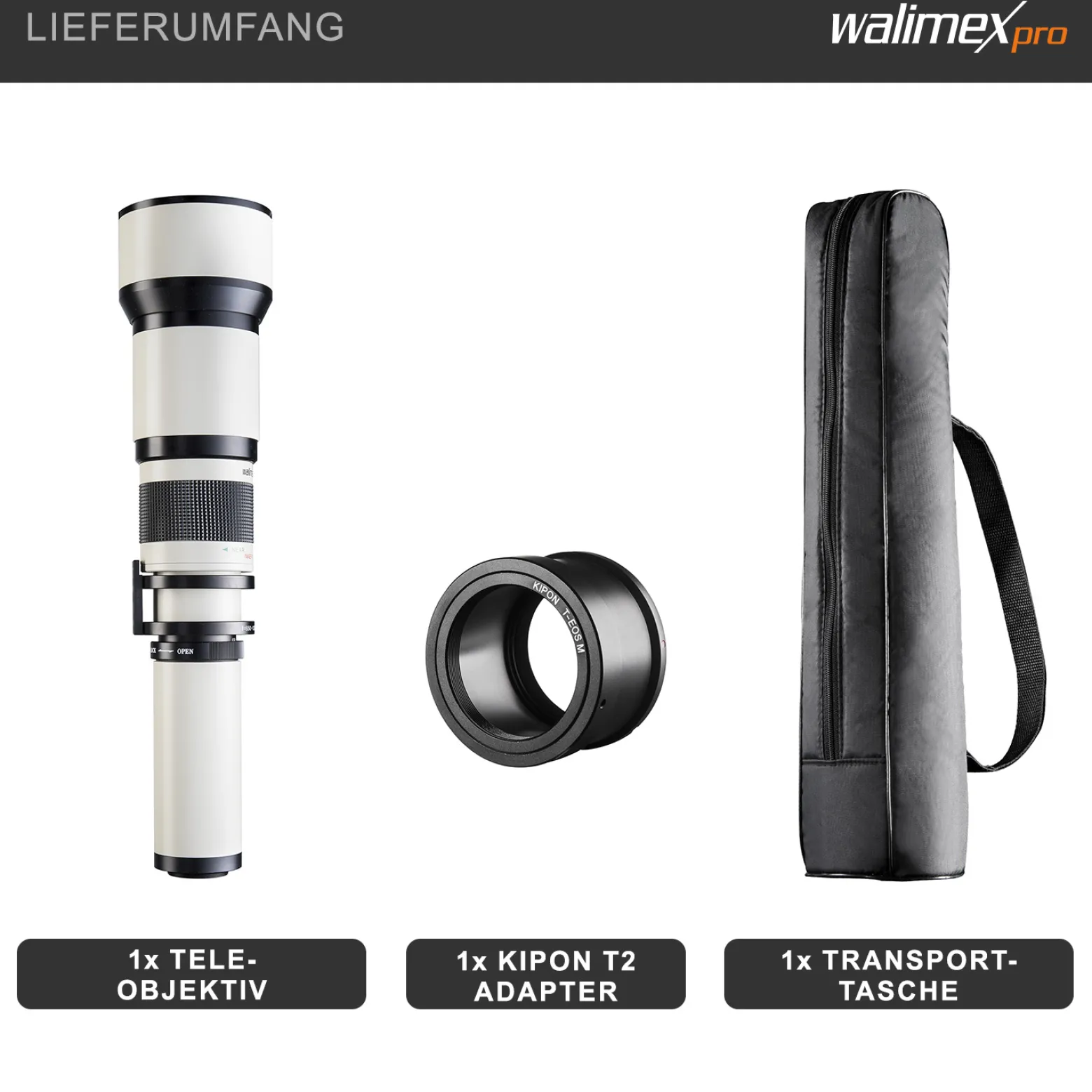 Walimex pro Teleobjektiv 650-1300mm 1:8-16 CSC kompatibel mit Pentax K – Manueller Fokus, Zoom-Teleobjektiv für Vollformat & APS-C Sensor – Ganzmetallfassung, inkl. Aufbewahrungstasche & Deckeln