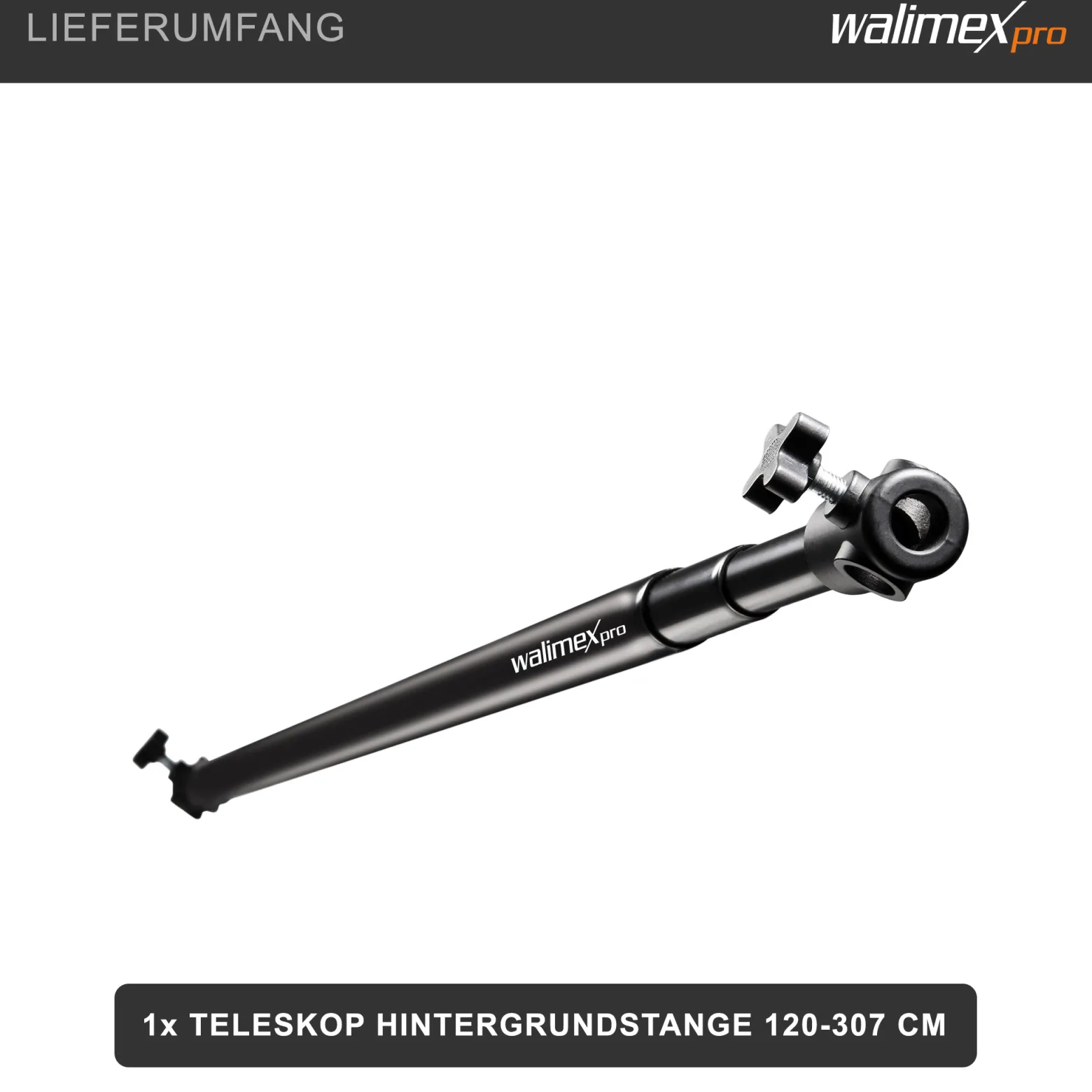 Walimex pro Teleskop Hintergrundstange 120-307 cm Länge bis 6 kg belastbar, Hintergrundsystem Teleskopstange für Fotohintergrund, ideal für Stoffhintergründe, für Fotostudio und Mobil