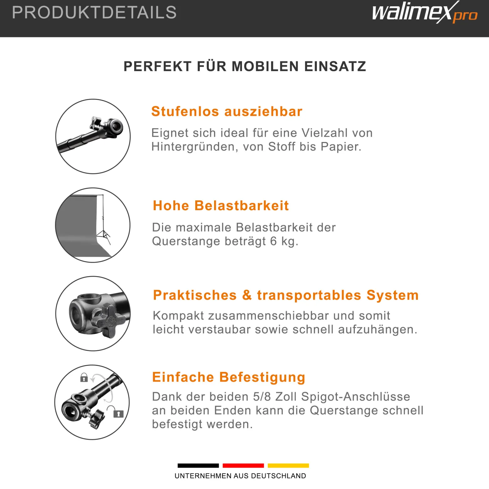 Walimex pro Teleskop Hintergrundstange 120-307 cm Länge bis 6 kg belastbar, Hintergrundsystem Teleskopstange für Fotohintergrund, ideal für Stoffhintergründe, für Fotostudio und Mobil