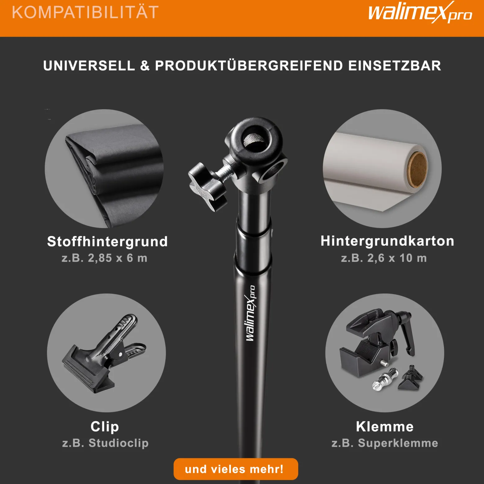 Walimex pro Teleskop Hintergrundstange 120-307 cm Länge bis 6 kg belastbar, Hintergrundsystem Teleskopstange für Fotohintergrund, ideal für Stoffhintergründe, für Fotostudio und Mobil
