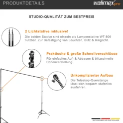 Walimex pro Teleskop Hintergrundsystem L 120-307 cm breit, Fotohintergrund System 102-256 cm hoch, Lampenstativ 5/8'' Spigot, für Fotografie, Video u. Green Screen, für Leinwände aus Papier u. Stoff
