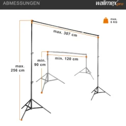 Walimex pro Teleskop Hintergrundsystem L 120-307 cm breit, Fotohintergrund System 102-256 cm hoch, Lampenstativ 5/8'' Spigot, für Fotografie, Video u. Green Screen, für Leinwände aus Papier u. Stoff