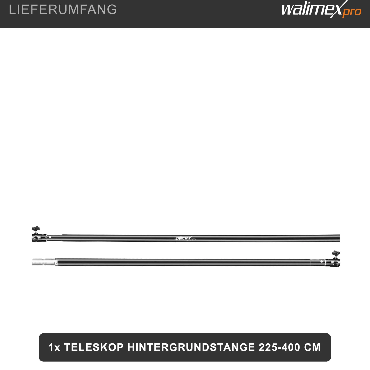 Walimex pro Teleskop Hintergrundstange 225-400 cm Länge bis 6 kg belastbar, Hintergrundsystem Teleskopstange für Fotohintergrund, ideal für Stoffhintergründe, für Fotostudio und Mobil