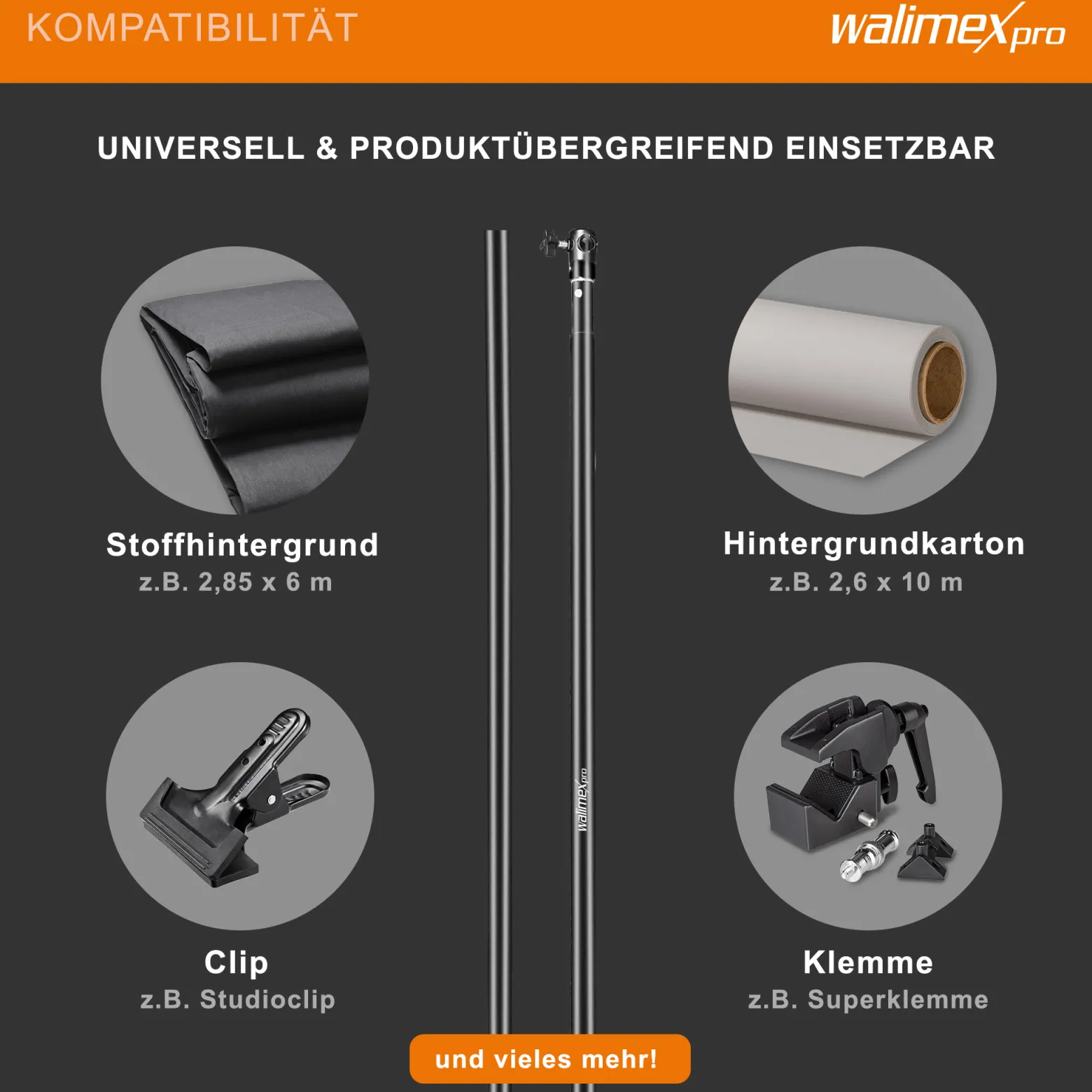 Walimex pro Teleskop Hintergrundstange 225-400 cm Länge bis 6 kg belastbar, Hintergrundsystem Teleskopstange für Fotohintergrund, ideal für Stoffhintergründe, für Fotostudio und Mobil