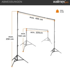 Walimex pro Teleskop Hintergrundsystem XL 225-400 cm breit, Fotohintergrund System 102-256 cm hoch, Lampenstativ 5/8'' Spigot, für Fotografie, Video u. Green Screen, für Leinwände aus Papier u. Stoff