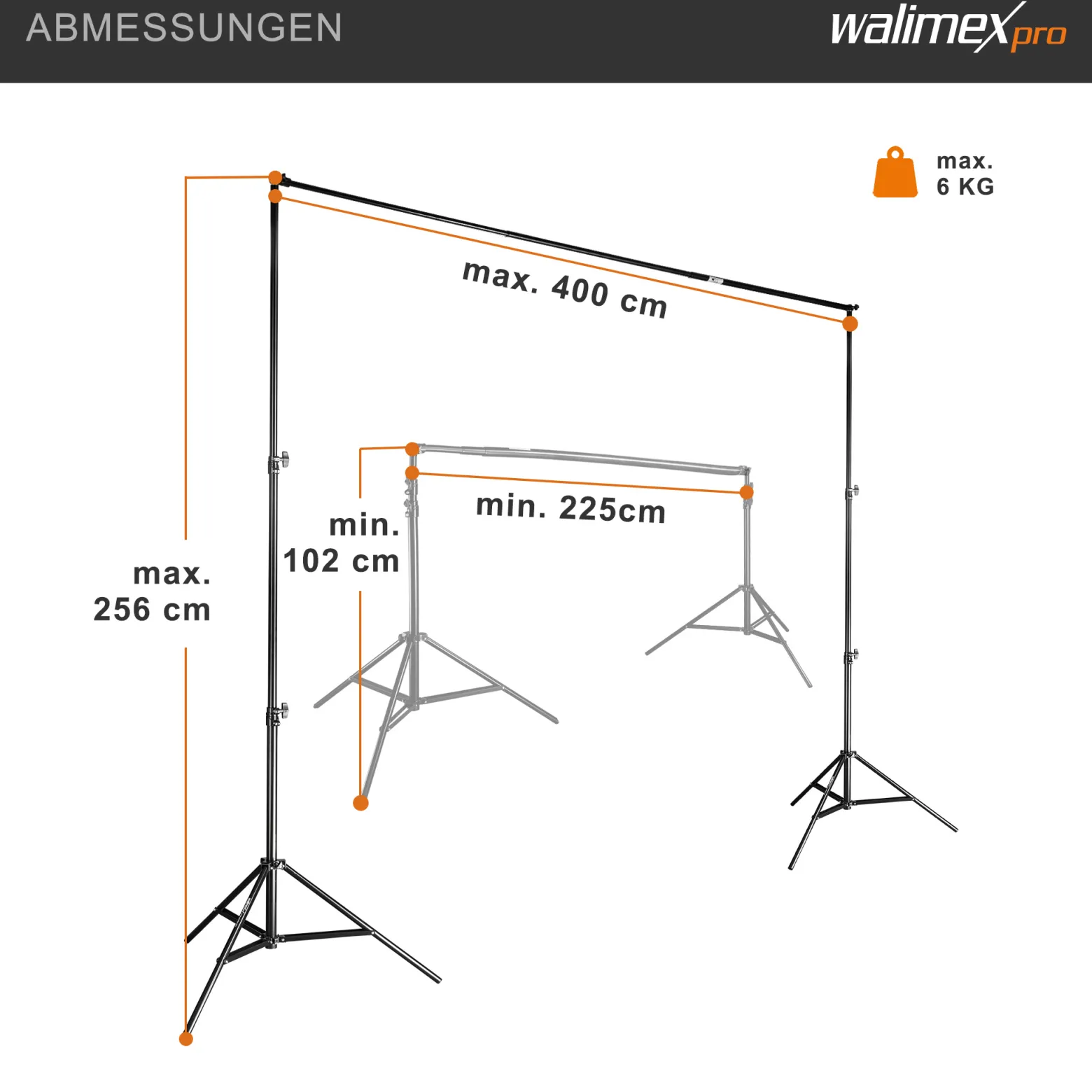 Walimex pro Teleskop Hintergrundsystem XL 225-400 cm breit, Fotohintergrund System 102-256 cm hoch, Lampenstativ 5/8'' Spigot, für Fotografie, Video u. Green Screen, für Leinwände aus Papier u. Stoff